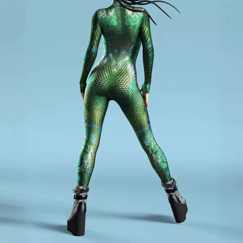 Women's Stylish Green Snake Print BodySuit New Halloween Adult Cosplay Jumpsuit Colorful 3D Printing Carnival Party Rave Outfits