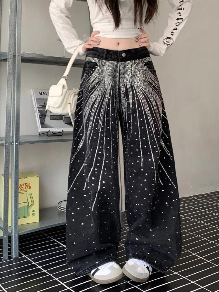 2025/2026 Ropa Y2K Style Baggy Hot Fix Rhinestone Baggy Stacked Jeans Pants For Women Clothing Wide Leg Luxury Gothic Lady Trousers
