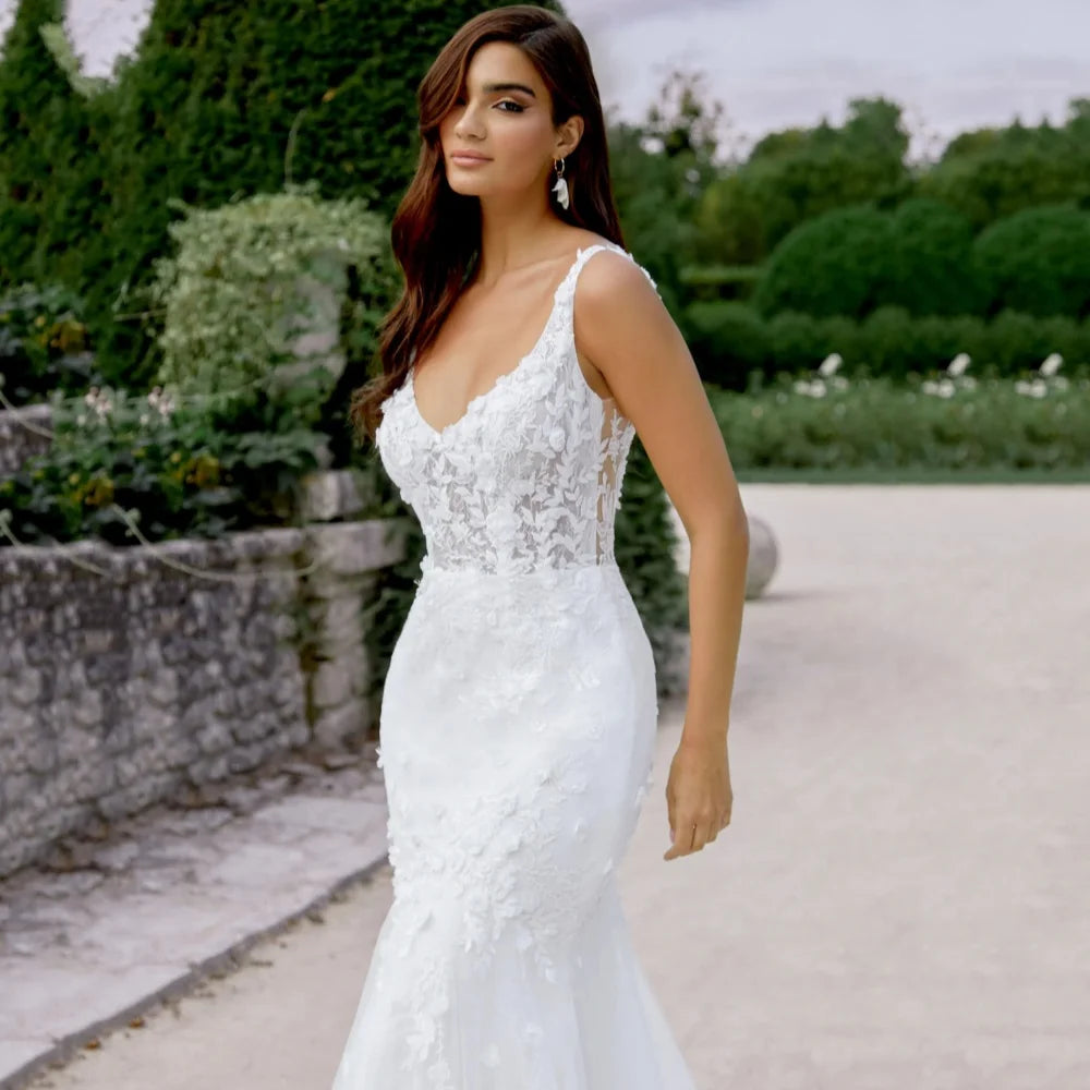 Wedding Dress Customized Bride Dresses Sequined Lace Appliques Luxury V Neck Mermaid New Bridal Gowns Elegant Vestidos De Novia