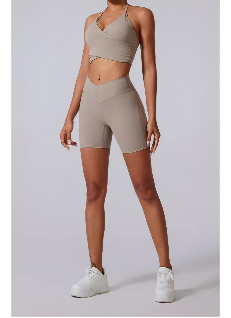 2 Pieces Wrap Front Gym Fitness Suit Women Long Sleeve Legging Workout Yoga Set Sports Bra Short Sports Clothes Tracksuit Female