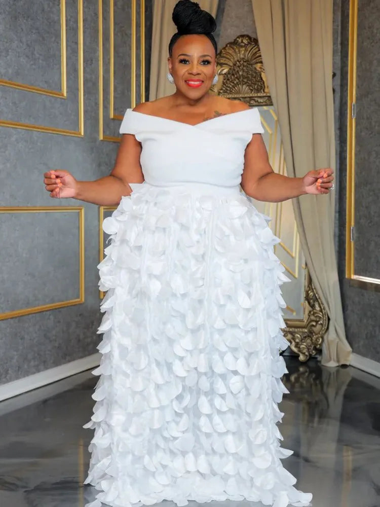 XL-5XL Plus Size Elegant Maxi Dress 2024 Autumn Women Bohemian Dress Casual Short Sleeve Robe Off Shoulder Dress Oversize