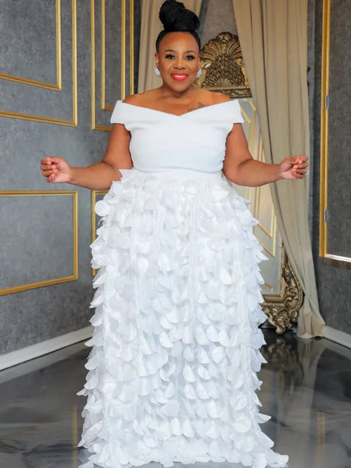 XL-5XL Plus Size Elegant Maxi Dress 2024 Autumn Women Bohemian Dress Casual Short Sleeve Robe Off Shoulder Dress Oversize