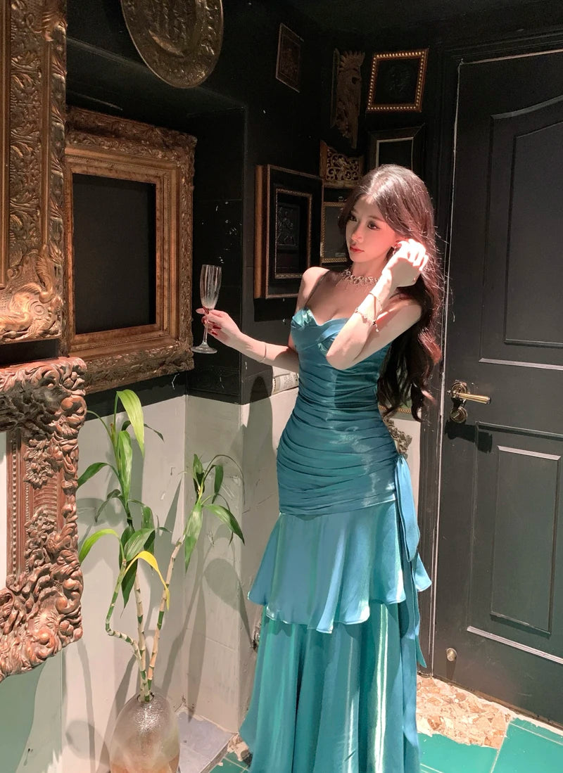 Sexy Solid Spaghetti Strap Sleeveless Evening Dresses Elegant Ruffles Party Long Dress For Women Summer Slim Beach New Vestidos