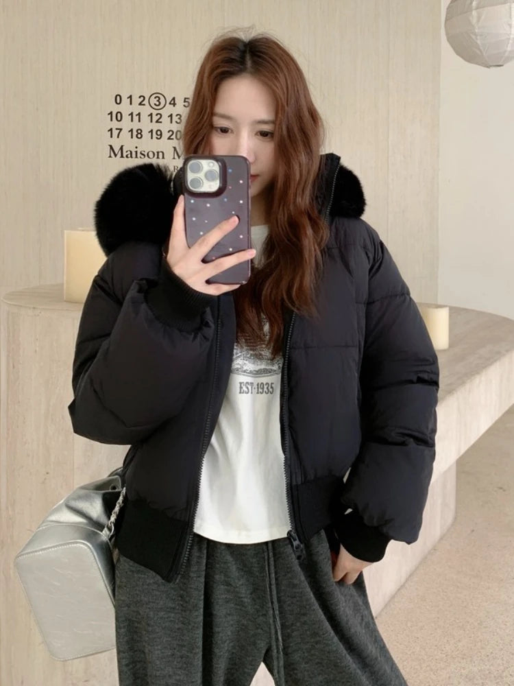 Casual Warm Fur Hooded Cropped Parkas Chic Streetwear Korean Style Down Cotton Coat Thicken Short Women's Winter 2025 Jacket