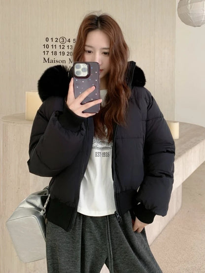 Casual Warm Fur Hooded Cropped Parkas Chic Streetwear Korean Style Down Cotton Coat Thicken Short Women's Winter 2025 Jacket