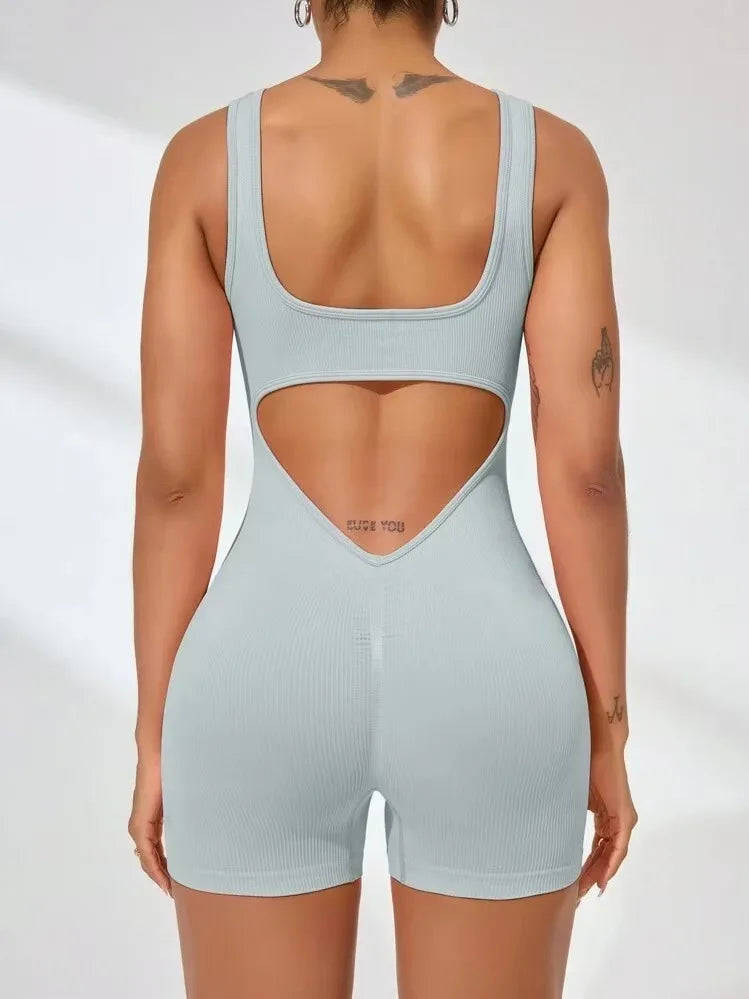 Sexy Backless Women Yoga Rompers U Neck Sleeveless Threaded Jumpsuit Solid Color Elastic Bodysuit Without Bust Pads Streetwear