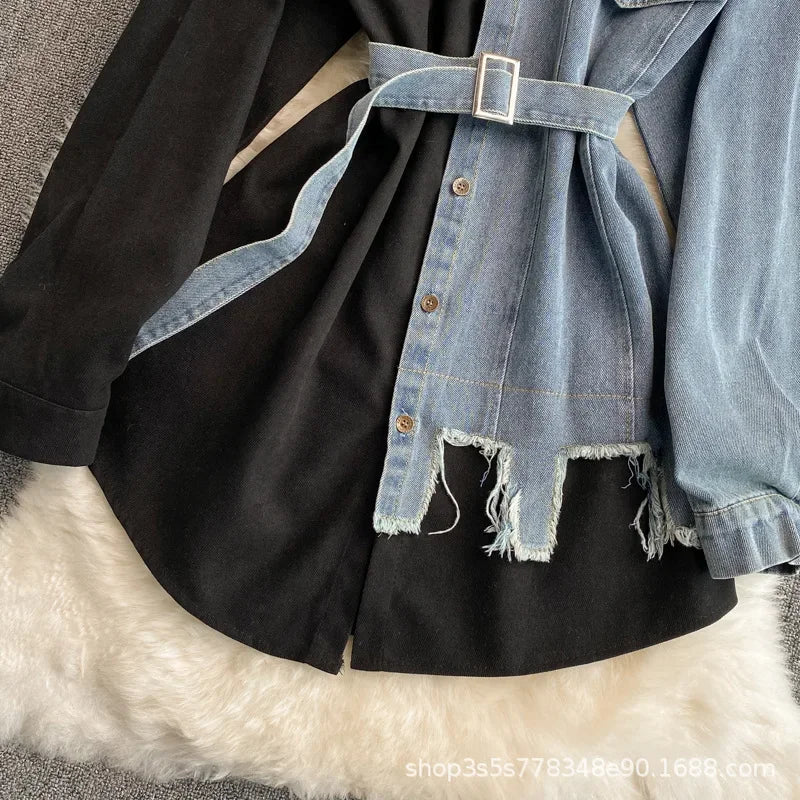 Slimming Denim Patchwork Lapel Dress Autumn Waist-fitted Medium-length Shirt