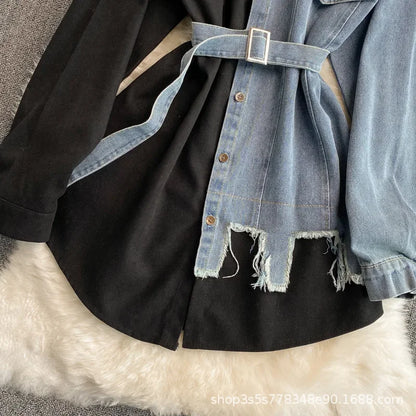Slimming Denim Patchwork Lapel Dress Autumn Waist-fitted Medium-length Shirt
