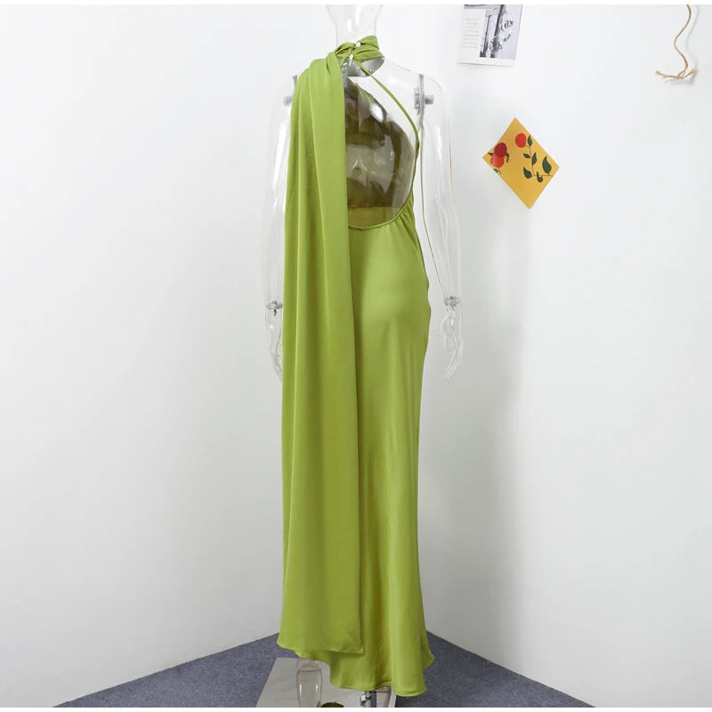 Elegant Ribbon Halter Dress Women Solid Off Shoulder Sleeveless Backless Slim Maxi Dresses 2026 Summer Autumn Party Robes Lady