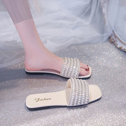 Women's Summer New Fashion Square Head Open Toe Design Women's Slippers Casual Flat Leather Beach Women's Flip-flops