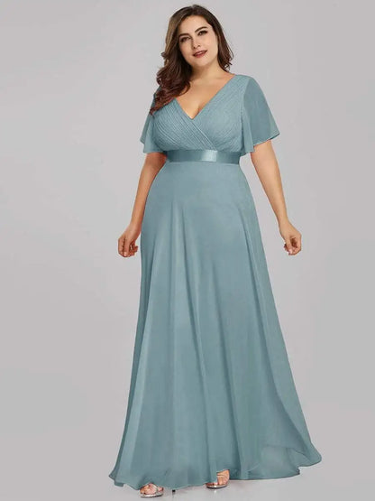 Plus Size Evening Dresses Long XUCTHHC Elegant A Line V Neck Ruffles Chiffon Formal Wedding Party Dress Robe De Soiree 2021