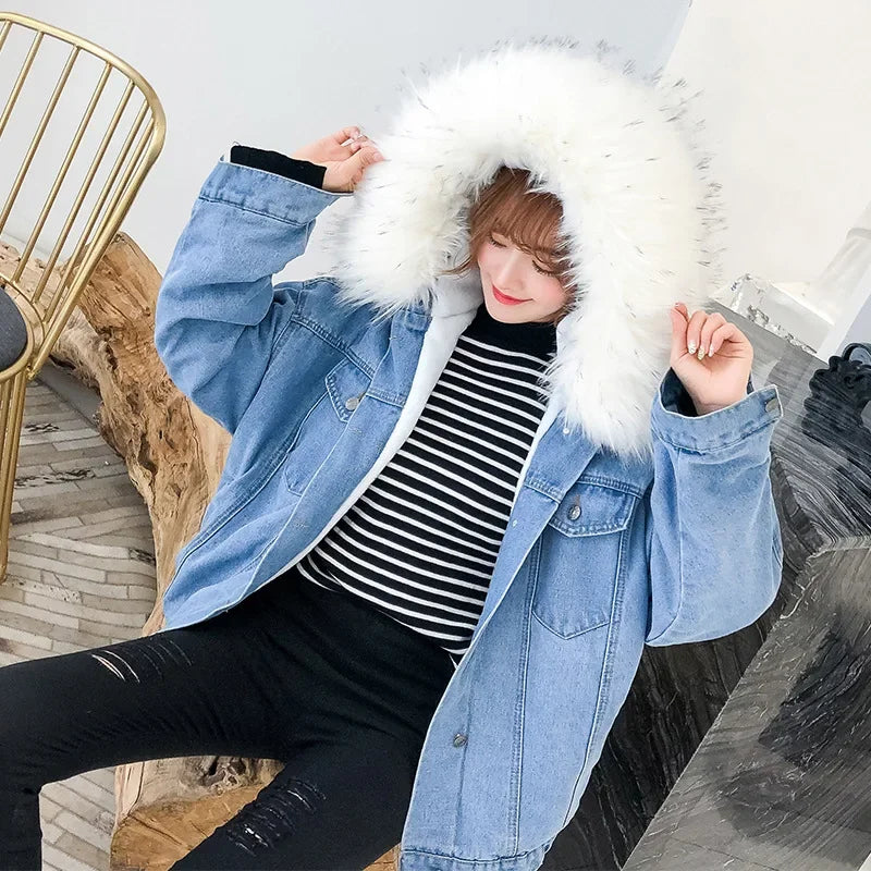 Korean Style Fleece Lined Thickened Hooded Lamb Fur Denim Jacket Women's Large Collar Versatile Cotton Coat Autumn Winter New Ar