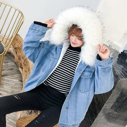 Korean Style Fleece Lined Thickened Hooded Lamb Fur Denim Jacket Women's Large Collar Versatile Cotton Coat Autumn Winter New Ar