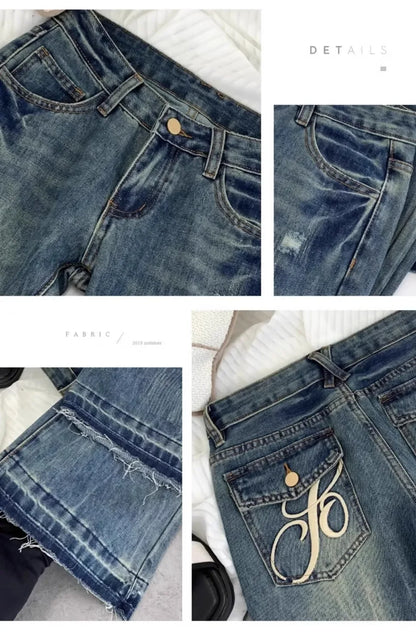 American Retro Low-waisted Jeans Female Autumn New Embroidery Old Casual Fashion Temperament Slim Joker Bell Bottoms.