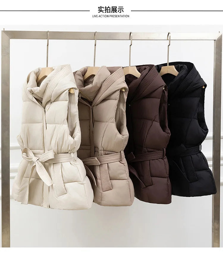 Women's Quilted Puffer Vest Thicken Warm Winter Hooded Coat Solid Color Sleeveless Padded Outwear Cropped Button Zip Up Coat