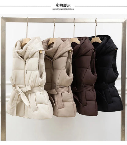 Women's Quilted Puffer Vest Thicken Warm Winter Hooded Coat Solid Color Sleeveless Padded Outwear Cropped Button Zip Up Coat