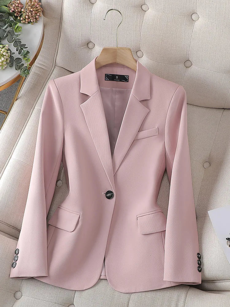 Fashion Women Casual Blazer Ladies Pink Black Blue Coffee Long Sleeve Single Button Female Jacket For Autumn Winter