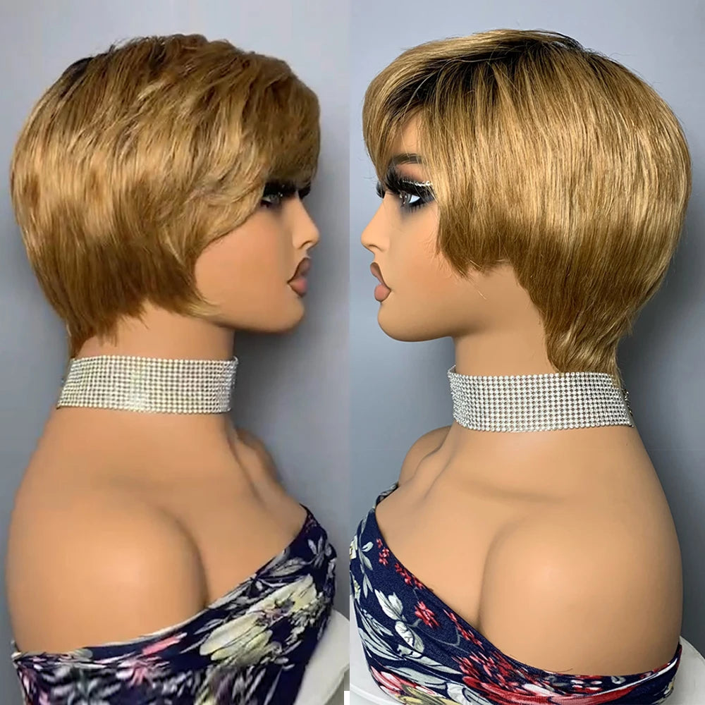 Short Pixie Cut Human Hair Wigs Brazilian Human Hair Wigs Full Machine Made Short Straight Wigs For Women T2/27B# None Lace Wigs