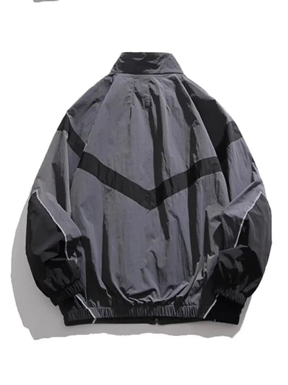 Trendy American Style Zippered Hooded Jacket Men's Loose Fit Casual Autumn Fashion Thin Jacket Reflective Patchwork Stand Collar