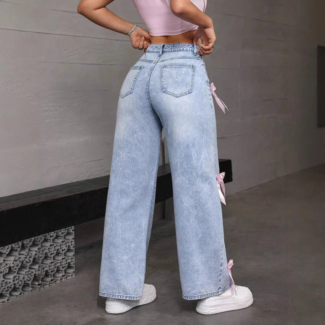 Women Jeans Wide Leg Pants Bow Washed High Waist 2025 Streetwear Denims Distressed Vintage Straight Ankle Length Trousers