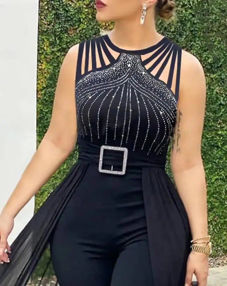 Women Jumpsuit 2026 Summer Simple Sleeveless Round Neck Rhinestone Fashion Sexy Sheer Mesh Daily Casual Commuting Jumpsuit