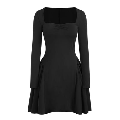 Solid Colour Square Neck Mini Dress Trimmed with Bow and Ruffle Solid Colour Pullover Dress Best for Spring/Summer