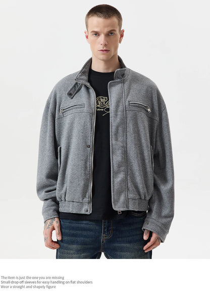 Autumn Winter Woolen Bomber Jacket Men Stand Collar Vintage Fashion Loose Casual Short Cargo Jacket Korean Streetwear Coat