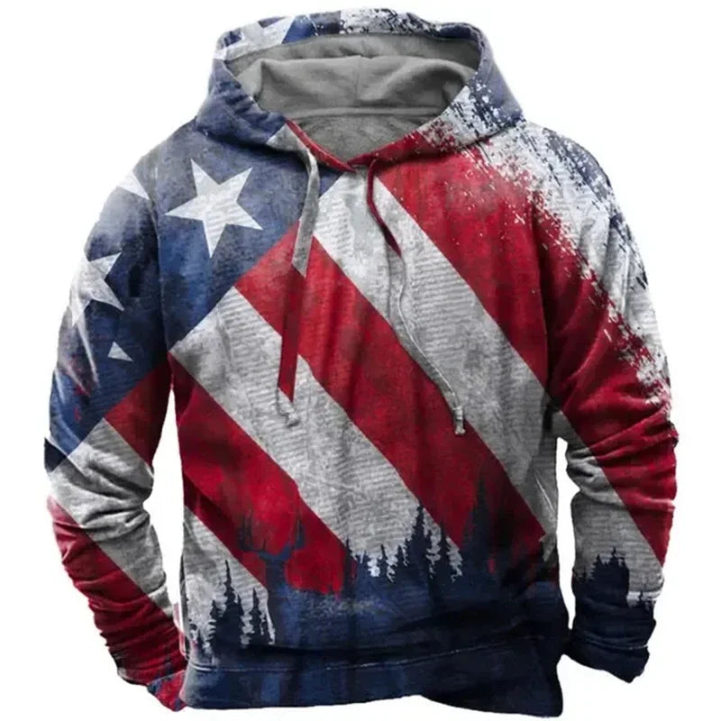Fashionable American Flag Printed Men's Hoodie Trendy Harajuku Retro Clothing Spring and Autumn New Hoodie Sportswear