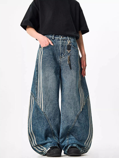Y2K Custom Women Jeans Vintage Reconstruction Denim Pants Wide Leg With Distressed Wash And Stripe Details