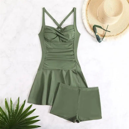 Women's Skirted 2-Piece Swimsuits Tummy Control Swimwear Swimming Costume Push Up Swim Dress Soft Bathing Suits with Bottooms