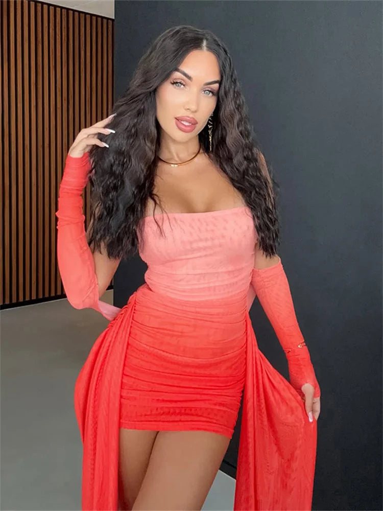 Nibber Summer Vacation Sexy See Through Dress+Shawl Women Ruched Side Ribbon Coquette Skinny Midnight Clubwear Party Bodycon