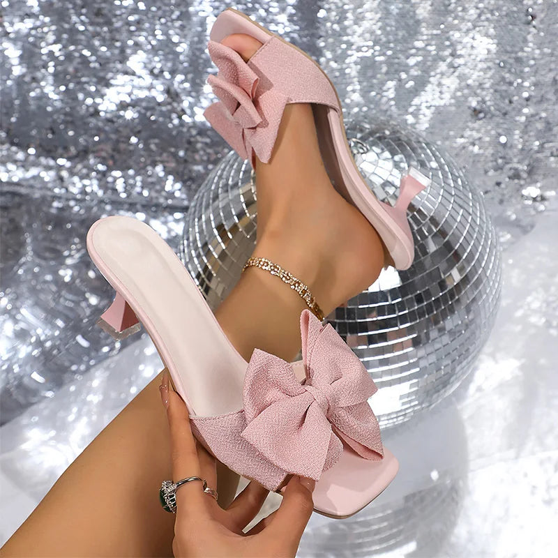 Pink Bowtie Decor High Heels Sandals for Women 2025 Summer Light Square Toe Slippers Fashion Plus Size Thin Heeled Party Shoes