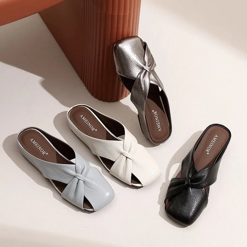 2025 Women Fashionable and Versatile Shoes Brand Slippers Casual and Comfortable Bowknot Casual Leather Slippers