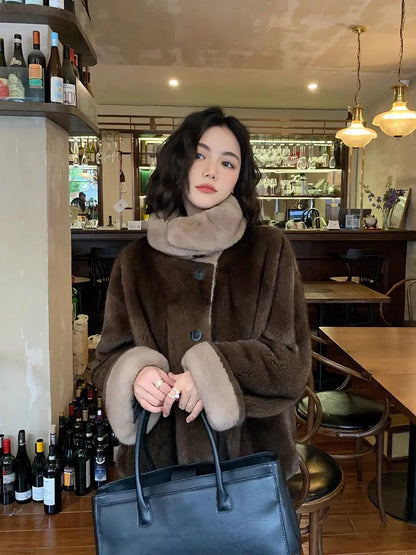 2025 New Coffee Colored Faux Mink Fur Spliced Lapel Fur Coat for Women Young and Loose