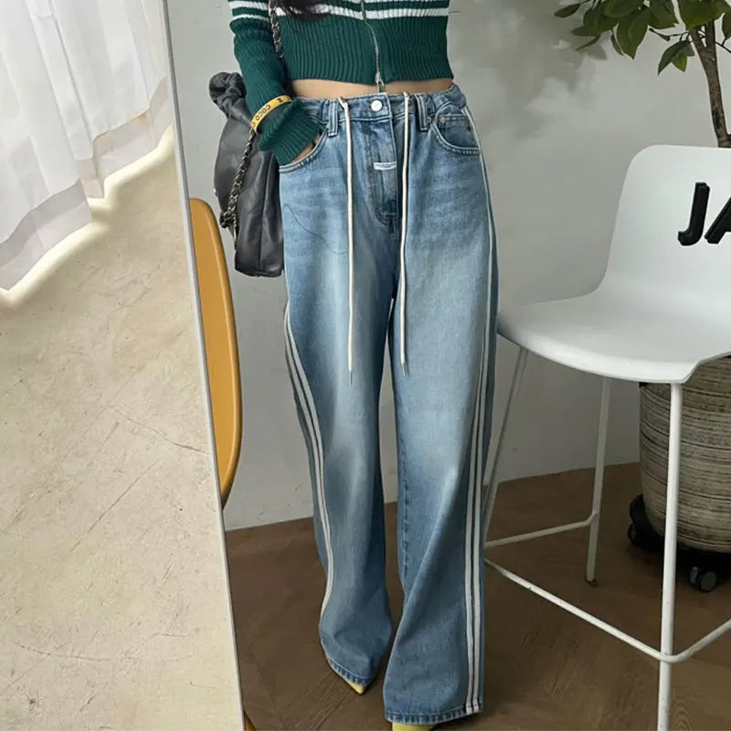 Retro High Waist Wide Leg Jeans Women's Cool Spicy Faionable Distred Straight Floor-Length Pants Dstring Side Stripe ...