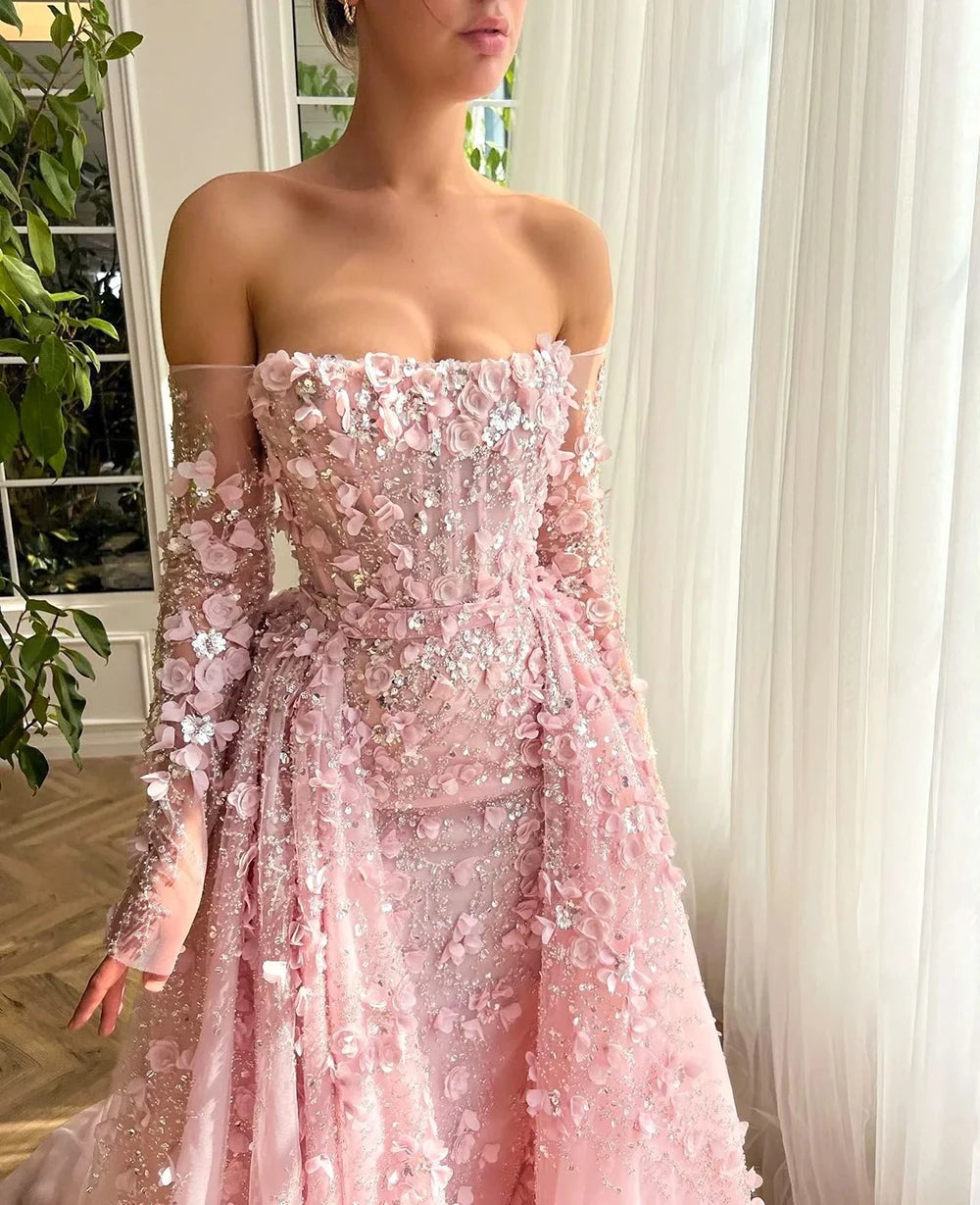 Elegant 3D Flower Evening Dress with Detachable Skirt 2025 & 2026 Luxury Mermaid Long Sleeves Formal Prom Wedding Party Gown Customized