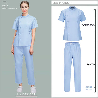 Button Closure and waist retraction Scrub Set Medical Uniforms Nurse Clothes Women Round Neck Surgical Workwear Pair Dental Suit