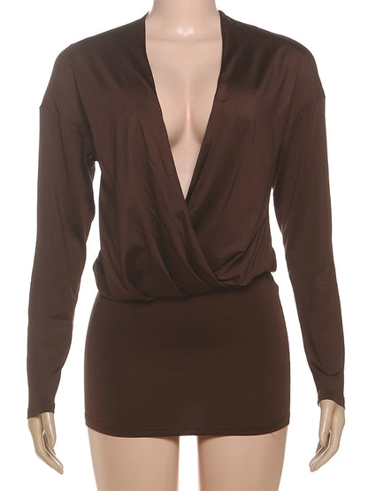 Sisterlinda Women's Elegant Deep V-Neck Mini Dress Full Sleeve Skinny Peach Hip Midnight Club Party Sexy Fashion Solid Bodycon