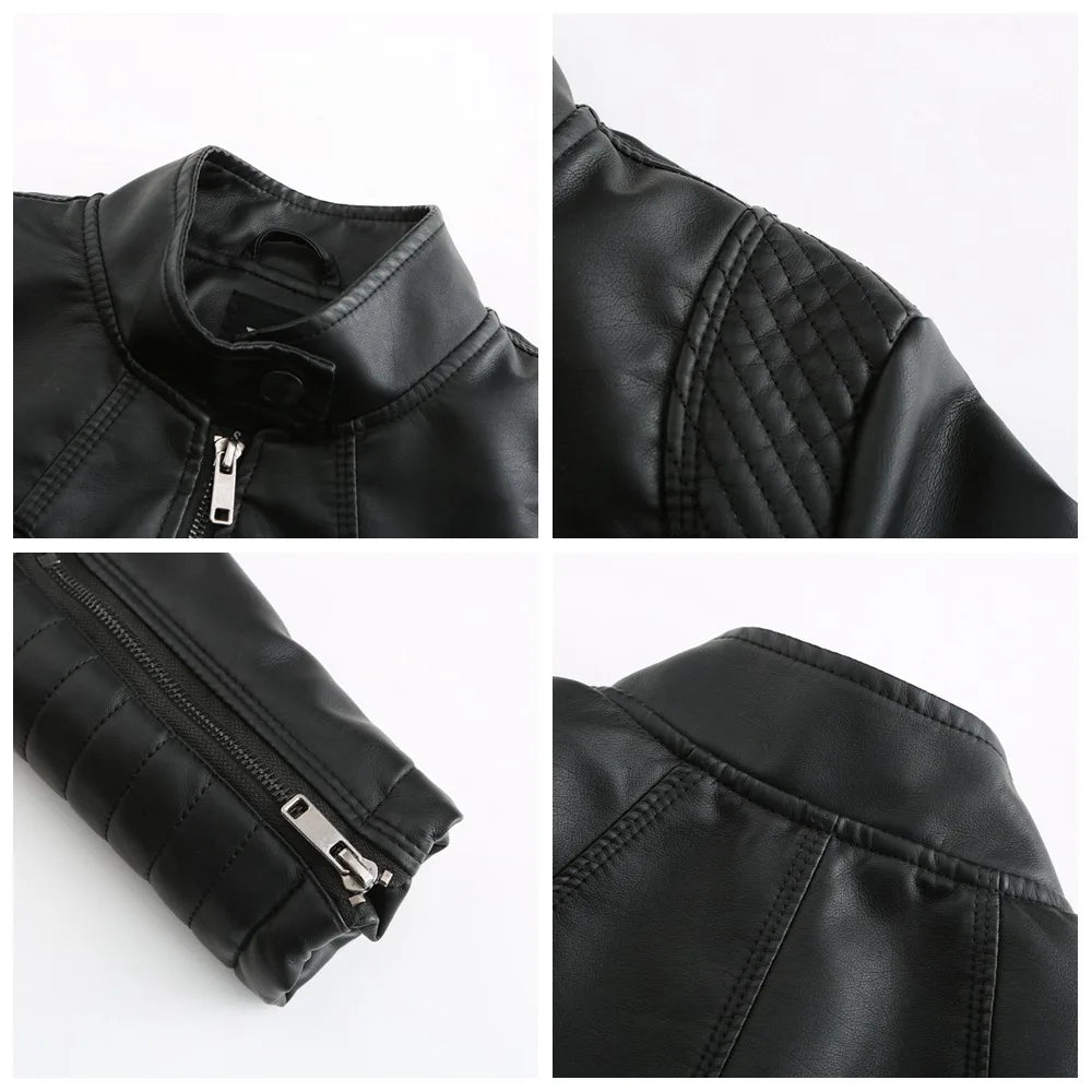 Women's Slim Leather Jacket, Stand-up Collar, Zipper Stitching, Monochromatic Coat, Fashion Clothing, New
