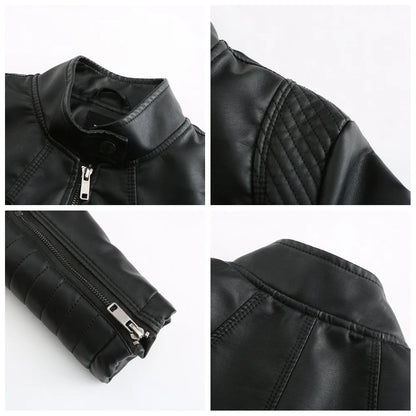 Women's Slim Leather Jacket, Stand-up Collar, Zipper Stitching, Monochromatic Coat, Fashion Clothing, New