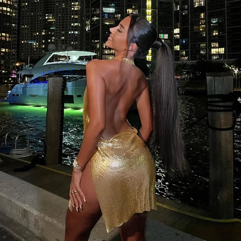 Sexy Fashion Sleeveless Halter Mini Dresses Women Backless V-Neck Sequin Chest Bodycon Casual Streetwear Evening Party Vestidos