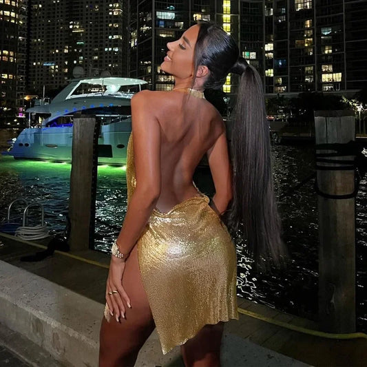 Sexy Fashion Sleeveless Halter Mini Dresses Women Backless V-Neck Sequin Chest Bodycon Casual Streetwear Evening Party Vestidos