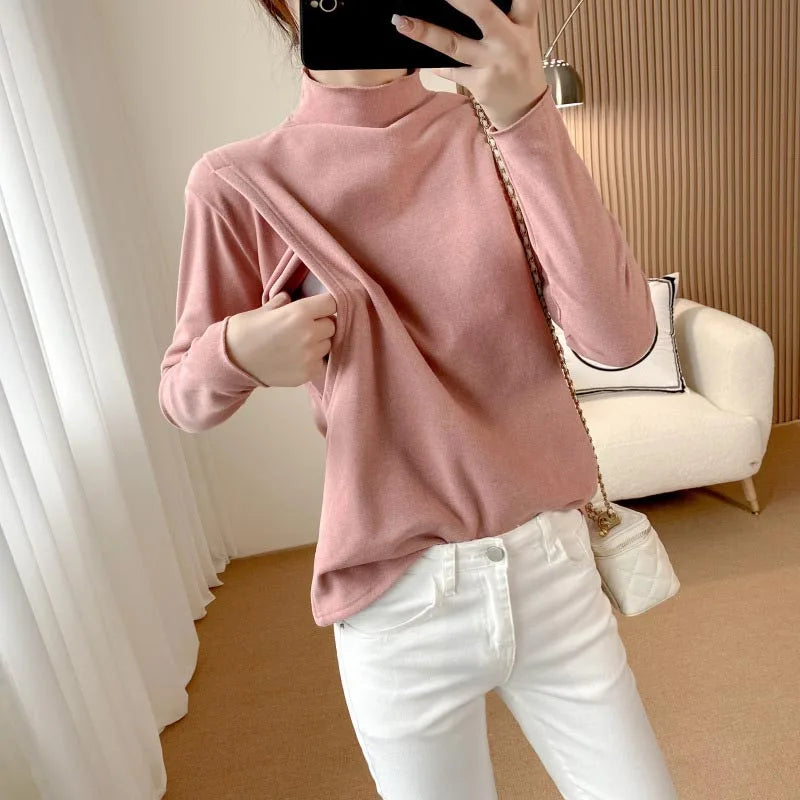 Pregnant Woman Fall/Winter Clothes Warm Solid Color Long Sleeve Maternity Lactation Tops Breastfeeding Knitwear Nursing Tops