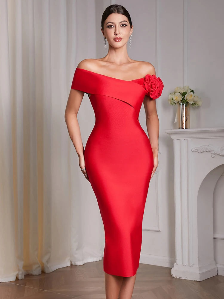 2026 Sexy Off The Shoulder Flower Patchwork Bandage Dress Women Red Florals Bodycon Midi Dresses Evening Party Gowns