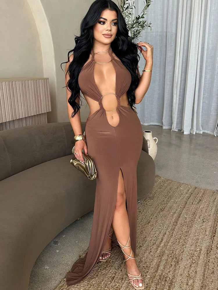 Sexy Halter Backless Mermaid Evening Dresses Woman Nightclub Prom Celebrity Metal Ring Bandage High Split Party Long Dress Robes