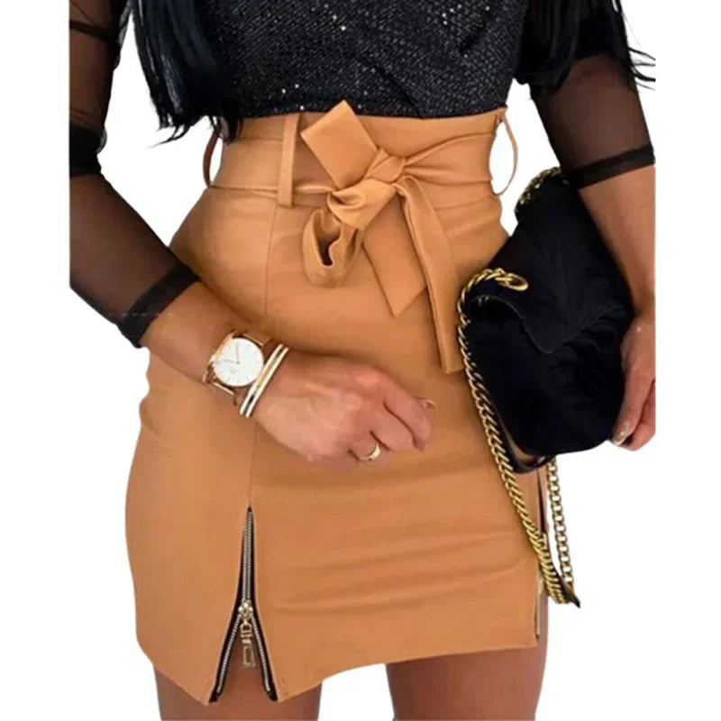 PU Leather Sexy Wrap Hip Skirt Women Nightclub Party Casual Wear Female High Waist Lace-up Zipper Hem Half-body Dress Streetwear