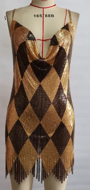 Sexy Backless Dresses For Woman Argyle Sequined Mini Dress Chain Strap Outwear V-Neck Sleeveless Summer Trendy Club Party Outfit