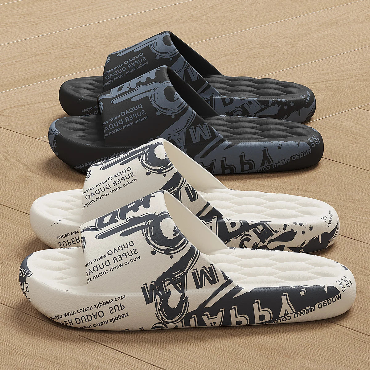 Plus Size 48 Graffiti Bear Printing Men Slippers Sole EVA Indoor Open Toe Flip Flops Beach Slides Flat Sandals Slide