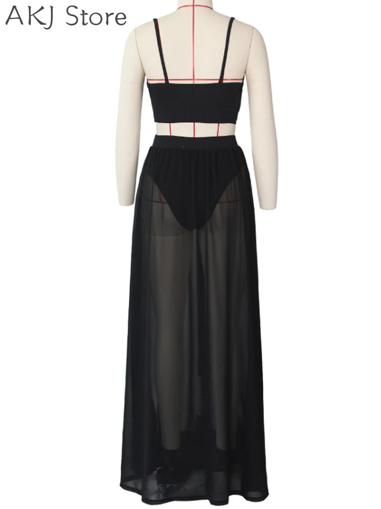 Women Sexy Yellow Solid Sleeveless V-Neck Holiday Two-Piece Suit Set Spaghetti Strap Crop Top & Maxi Slit Skirt Sets