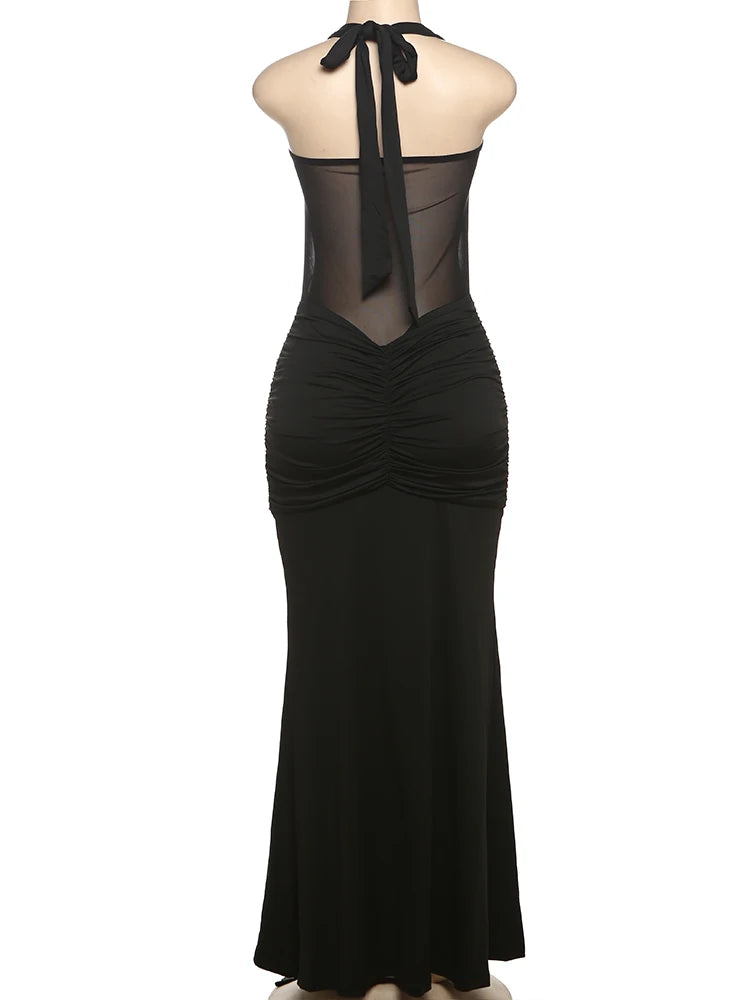 kliou Patchwork Elegant Women Maxi Dress Classic Sexy Sheer Ribbons Halter Backless Bodycon Female Trend Festival Evening Wear